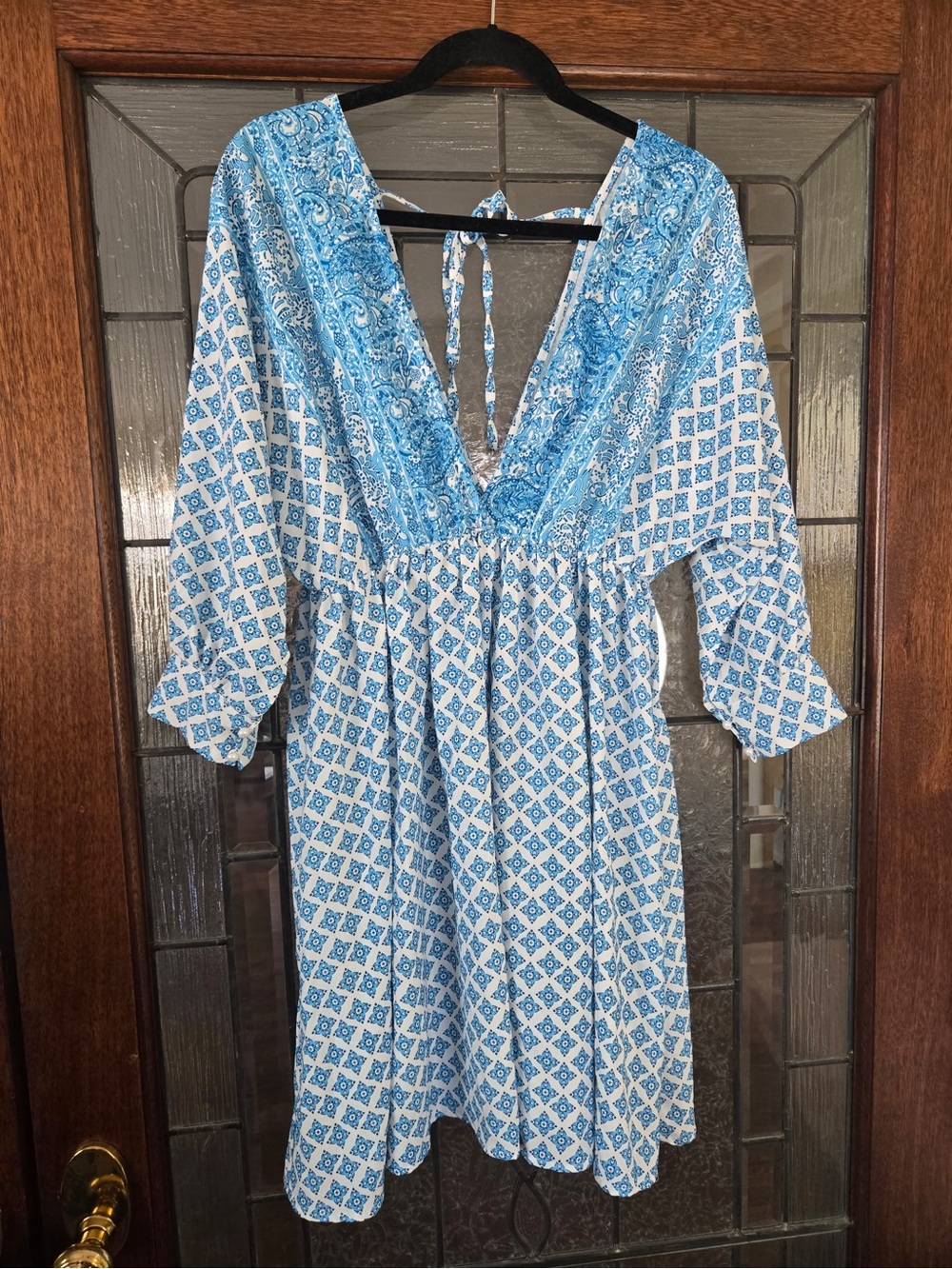 Blue Printed V-Neck Midi Dress with Tie Back